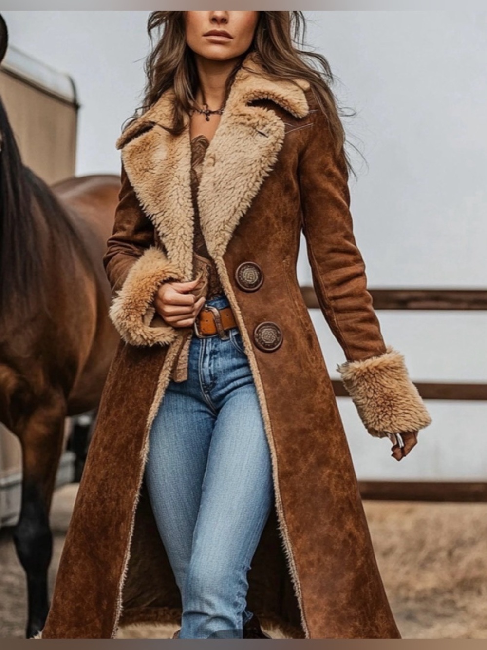 Brand New Western Vintage Womens Brown Shearling Long Coat w/Contrast Faux fur